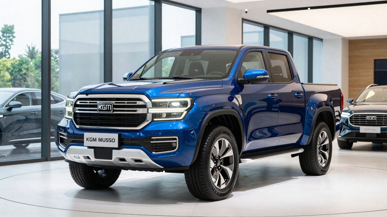 Pick-up azul KGM MUSSO exposta em sala ampla com grandes janelas de vidro.
