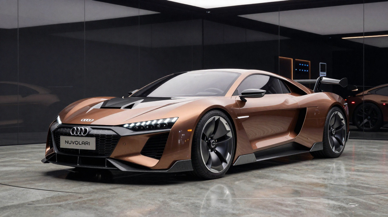 Carro desportivo Audi Nuvolari Quattro em tom bronze, estacionado num ambiente moderno com paredes espelhadas.