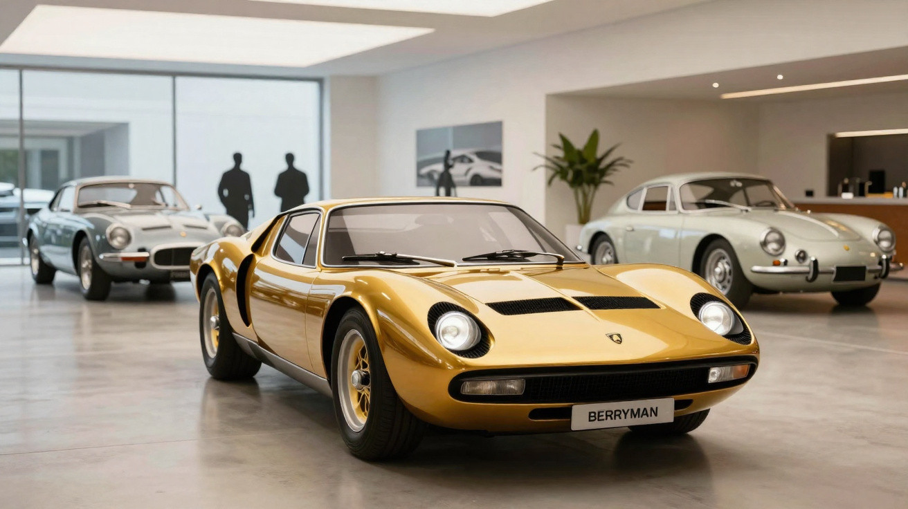 Automóvel desportivo clássico dourado em exposição interior com dois carros antigos ao fundo.