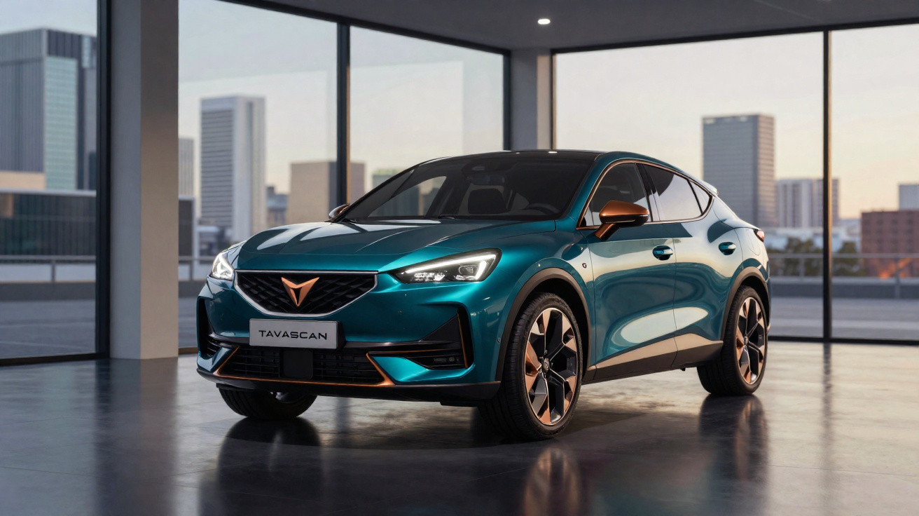 Automóvel Cupra Tavascan verde-azulado estacionado em interior com grandes janelas e edifícios ao fundo.