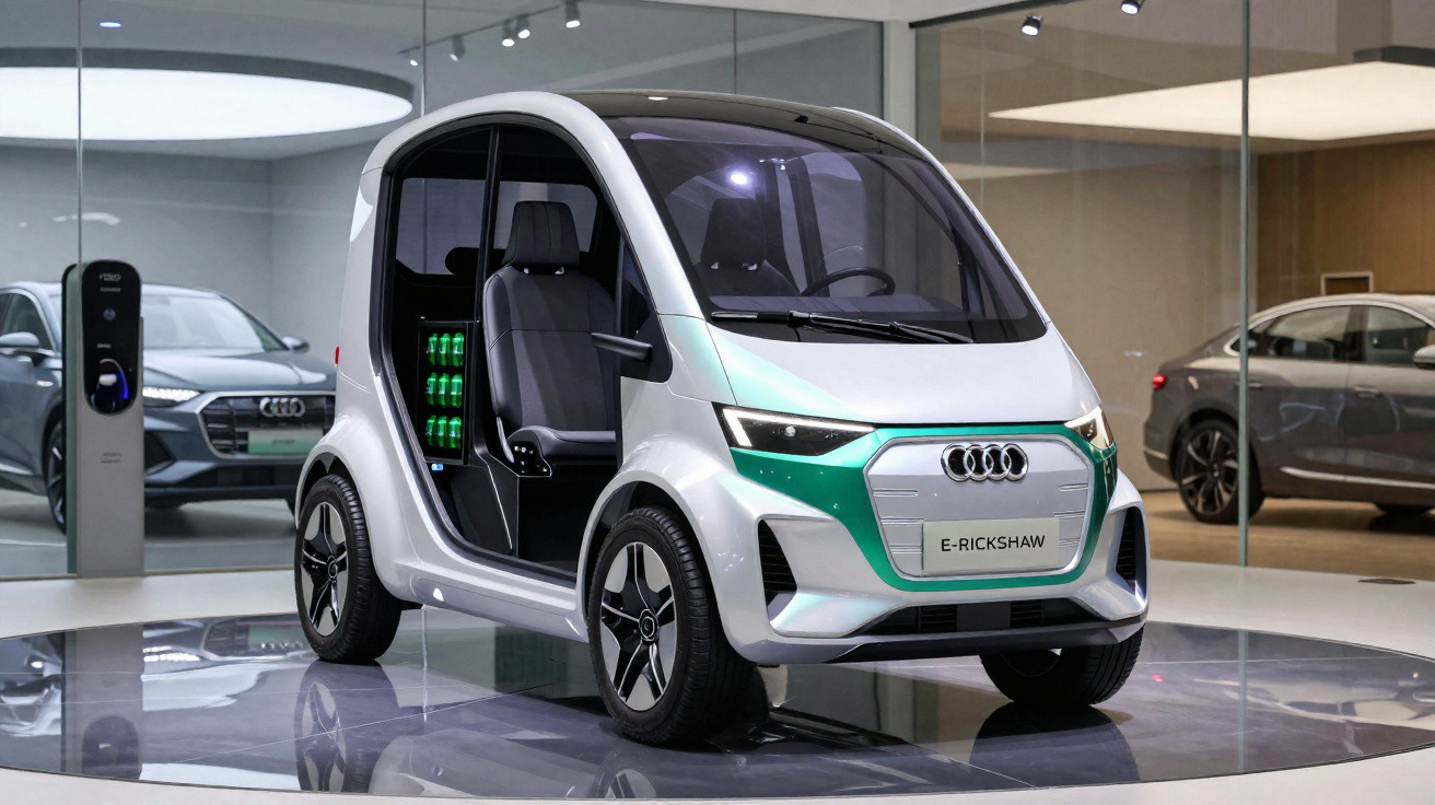 Veículo elétrico compacto Audi E-Rickshaw em exposição, com design futurista e portas abertas.
