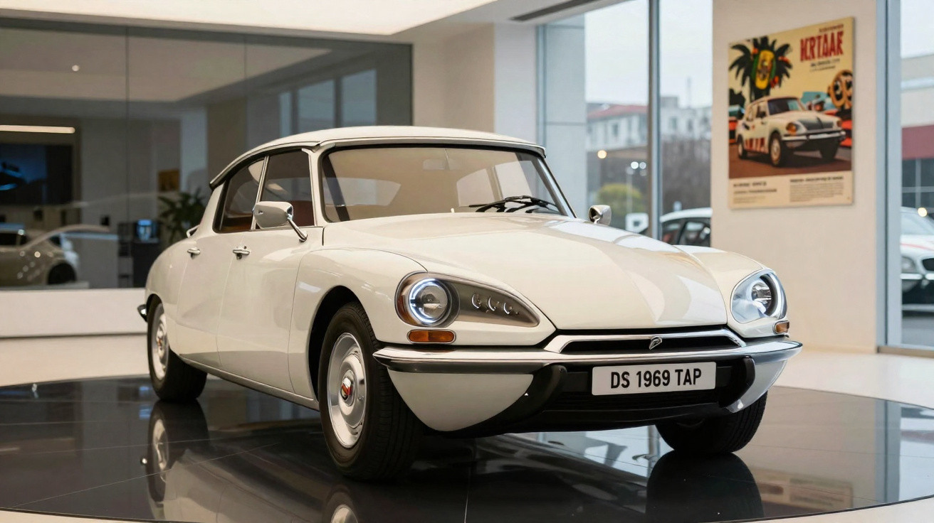 Carro clássico branco Citroën DS 1969 exposto em interior moderno e luminoso.