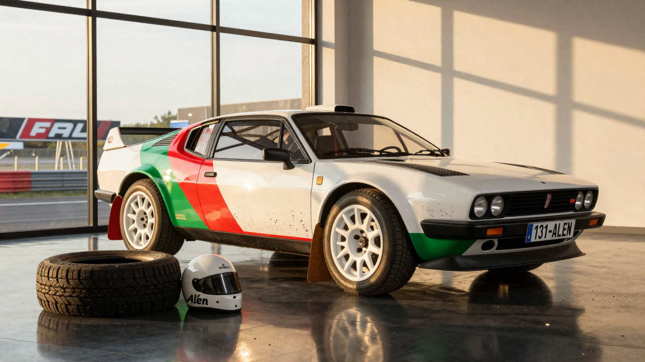 Carro de ralis clássico branco com detalhes vermelho e verde, capacete branco e pneus ao lado, em garagem iluminada.
