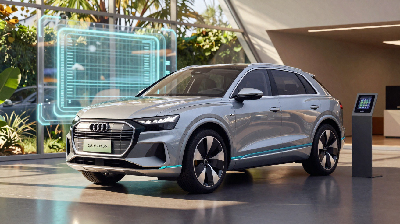 Carro elétrico Audi Q8 e-tron cinzento num espaço moderno com holograma e painel digital ao lado.
