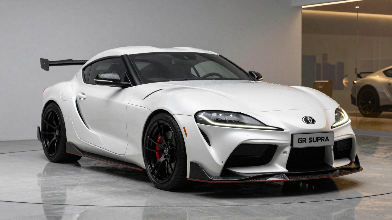 Carro desportivo branco Toyota GR Supra num espaço interior minimalista com chão espelhado.
