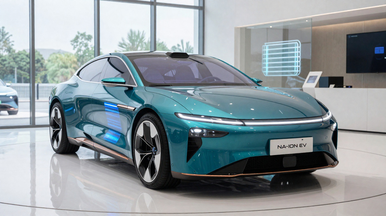 Carro elétrico verde metálico moderno num showroom com janelas grandes e iluminação natural.