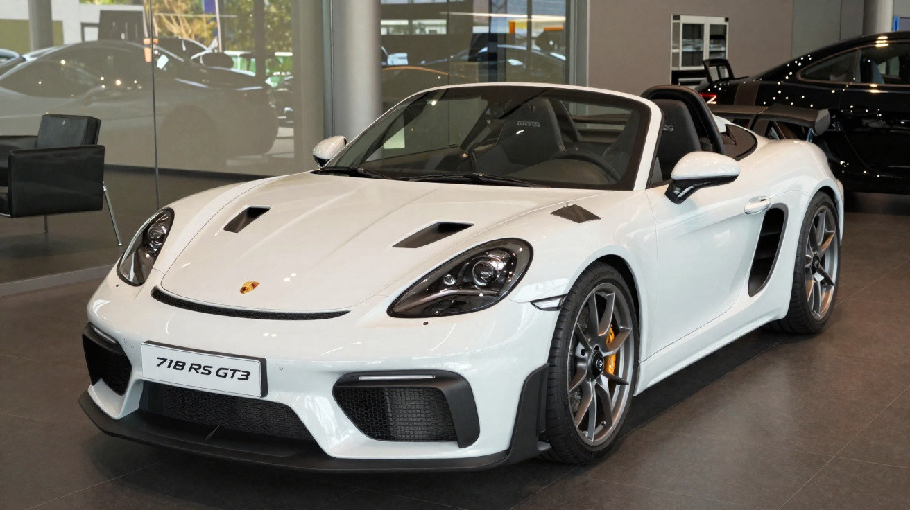 Carro desportivo conversível Porsche 718 RS GT3 branco numa exposição de automóveis interior.