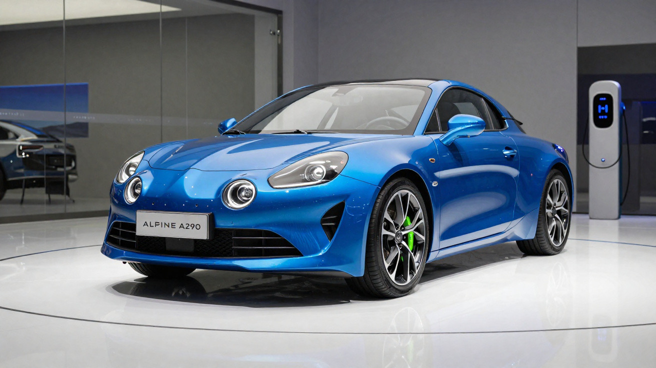 Carro desportivo azul Alpine A290 exposto em stand moderno com parede espelhada e posto de carregamento elétrico.
