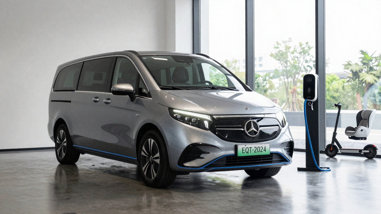 Carrinha elétrica Mercedes-Benz EQT prata estacionada junto a posto de carregamento interior.