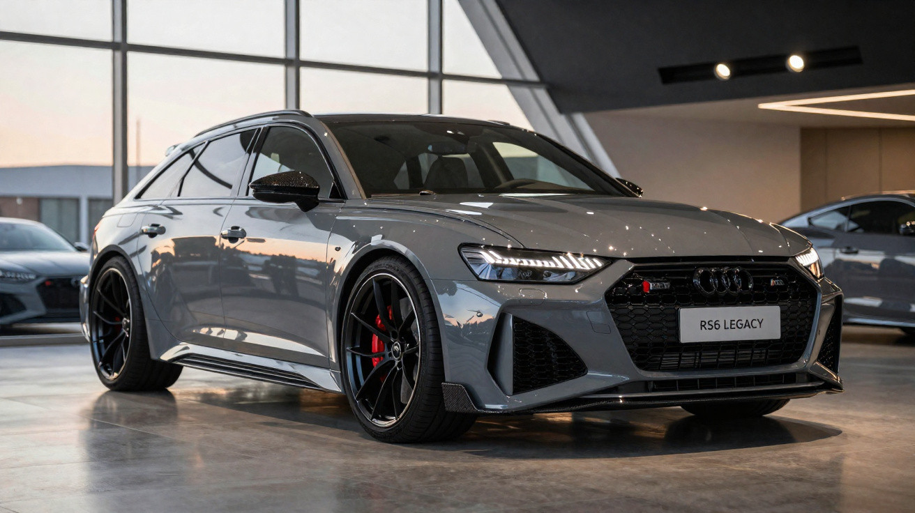 Carro Audi RS6 Legacy cinzento exposto numa sala moderna, com jantes e travões vermelhos visíveis.
