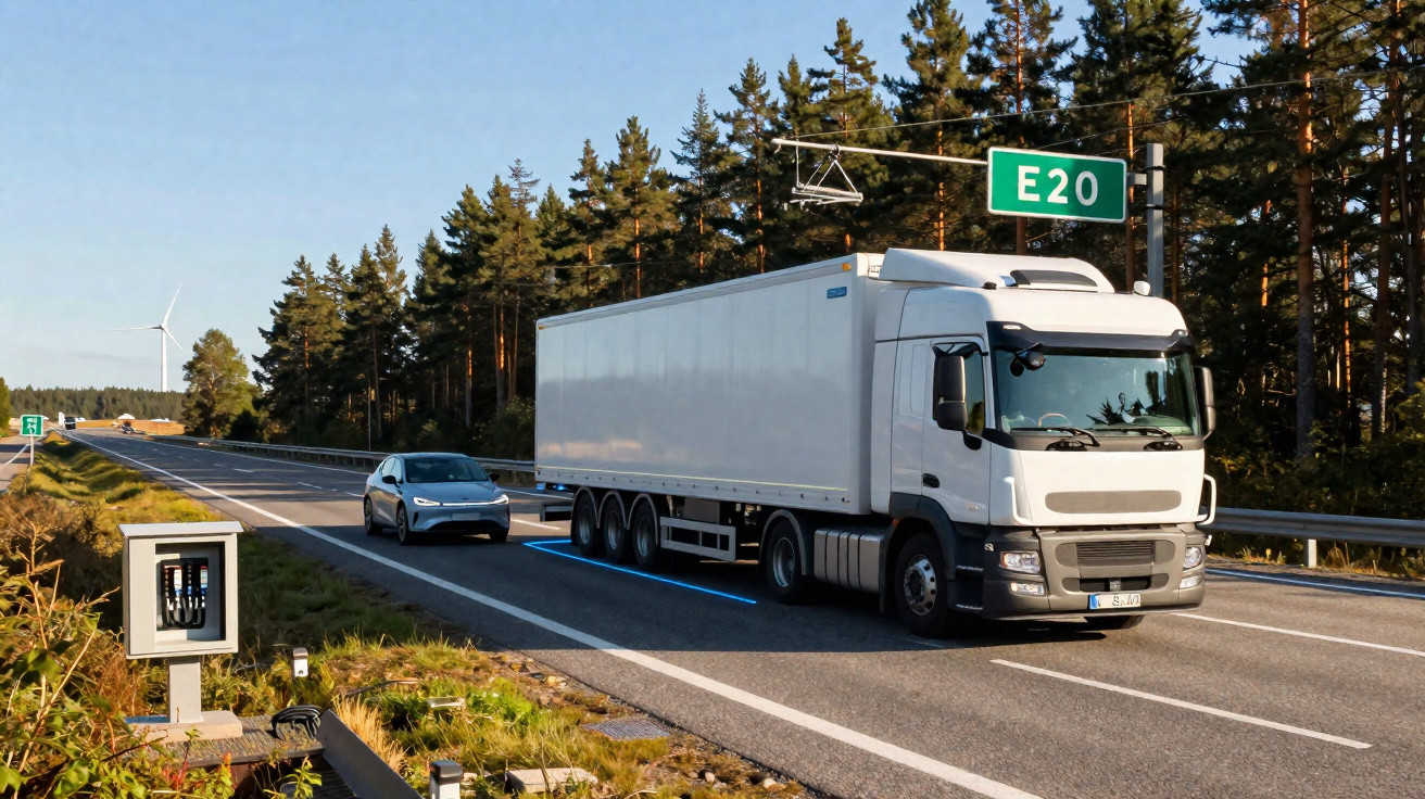 Camião branco na autoestrada E20 com carro elétrico a seguir, rodeados de árvores e um moinho de vento ao fundo.