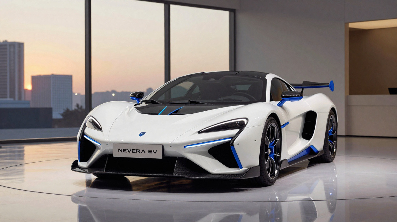 Carro desportivo elétrico branco com detalhes azuis, modelo Nevera EV, exibido numa sala moderna com janela grande.