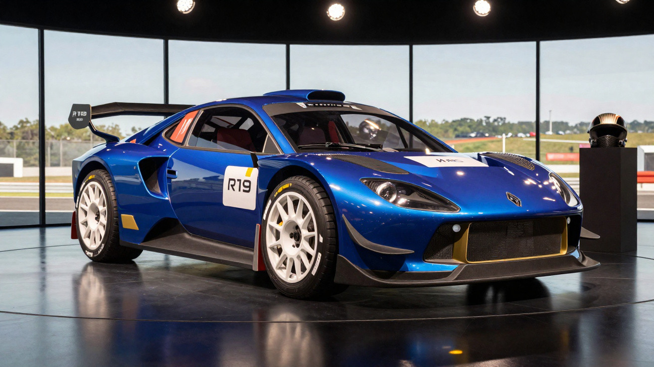 Carro de corrida azul Renault R19 em exposição num ambiente fechado com janelas panorâmicas.