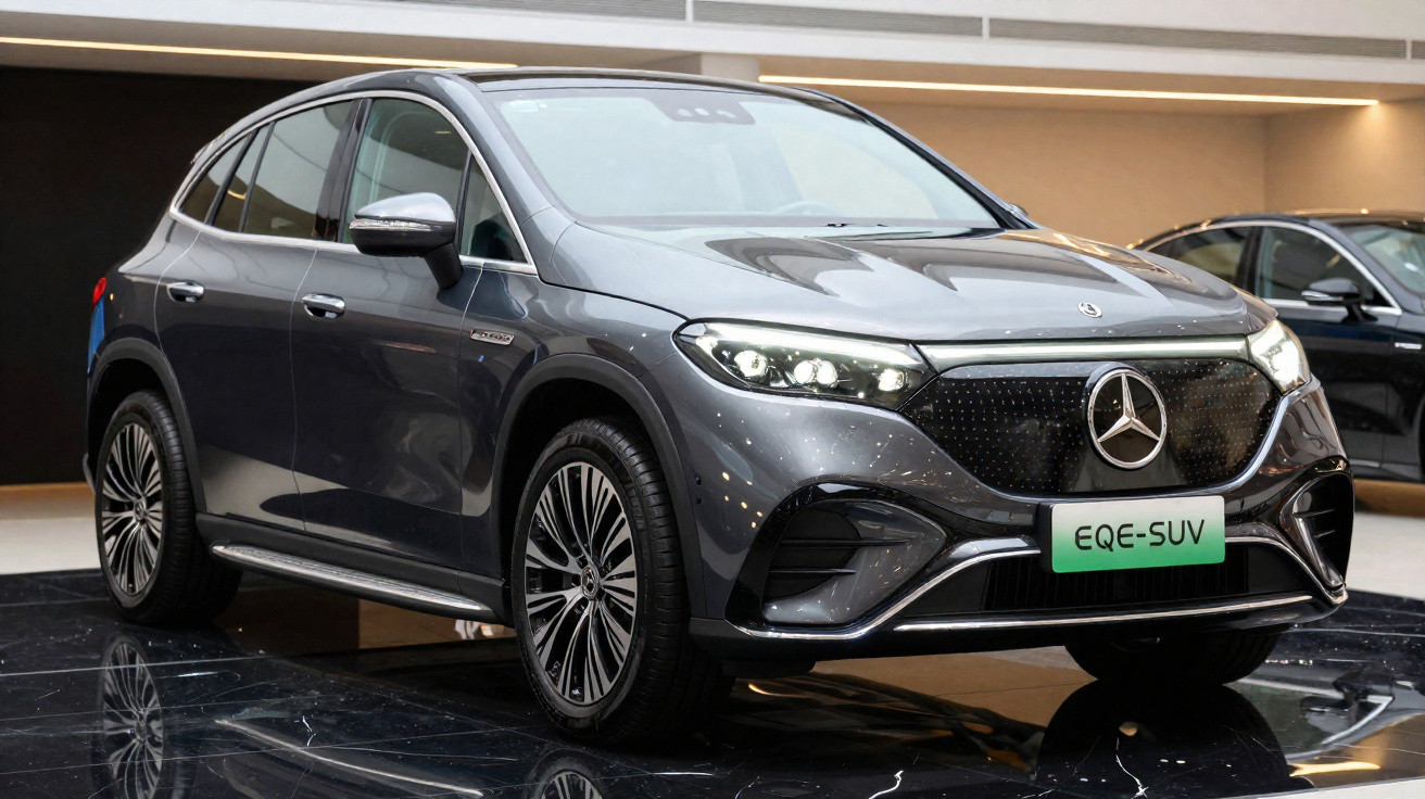 Automóvel Mercedes-Benz EQE-SUV cinzento estacionado em pavimento preto brilhante, vista frontal e lateral direita.
