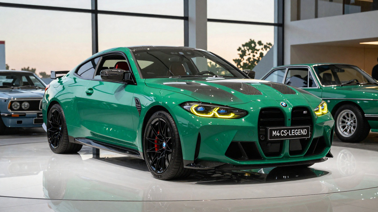 Carro desportivo BMW M4 CS verde exibido num salão com faróis ligados e rodas pretas.