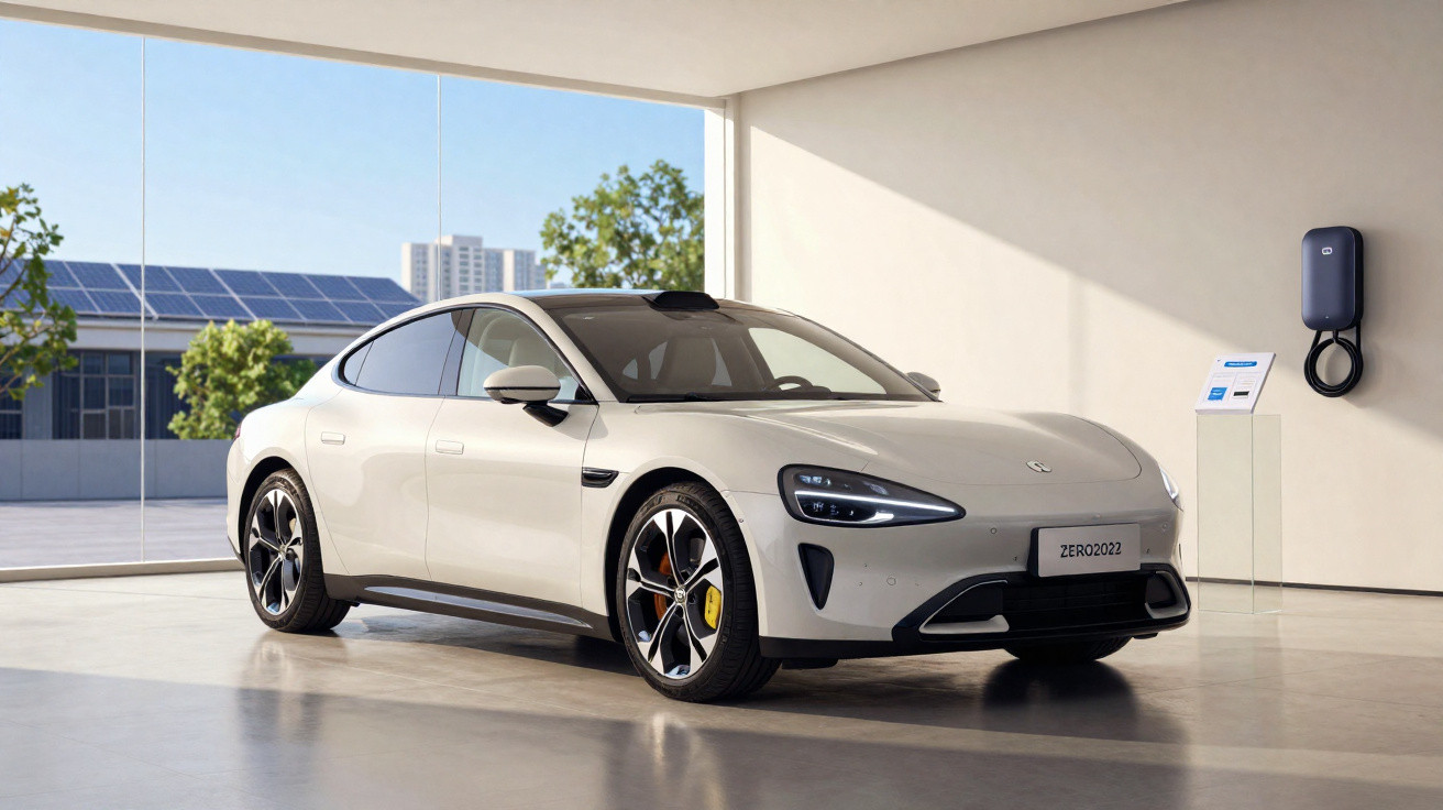 Carro elétrico branco estacionado em garagem moderna com carregador montado na parede e janelas amplas.