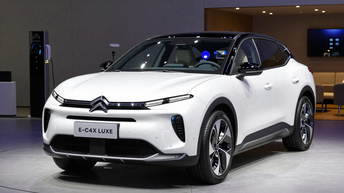 Carro elétrico Citroën E-C4X Luxe branco exibido num salão automóvel moderno.