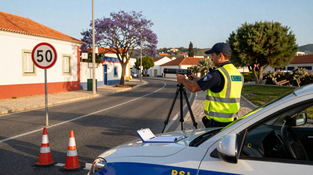 Polícia municipal com colete amarelo a medir velocidade com radar numa estrada com limite de 50 km/h.