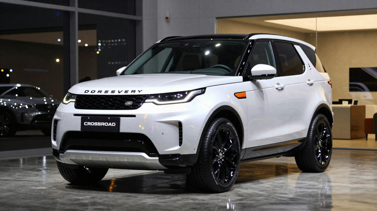 SUV branco Dorssvery Crossroad estacionado em showroom moderno e iluminado.