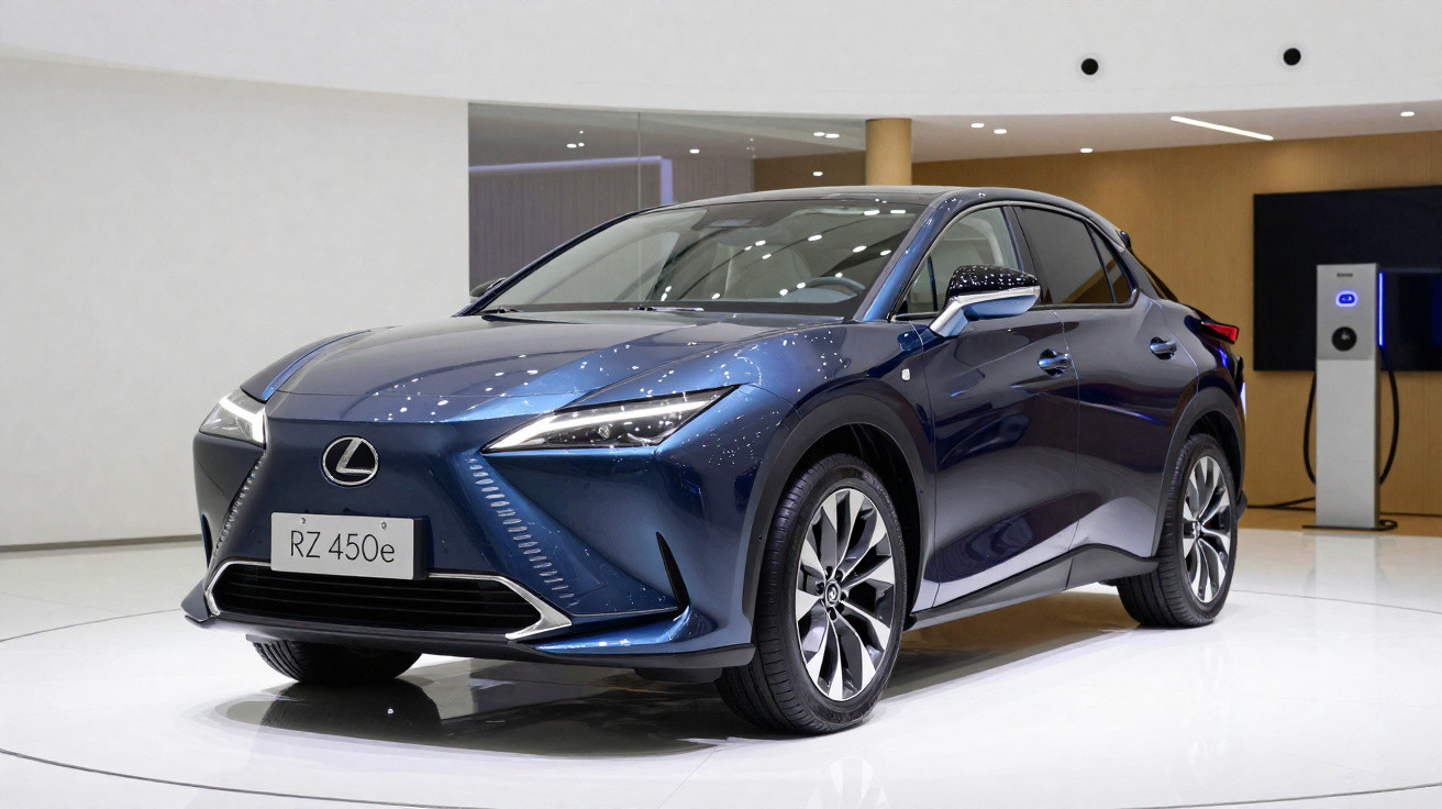 Automóvel Lexus RZ 450e azul escuro exposto em sala moderna com chão branco e parede beje.
