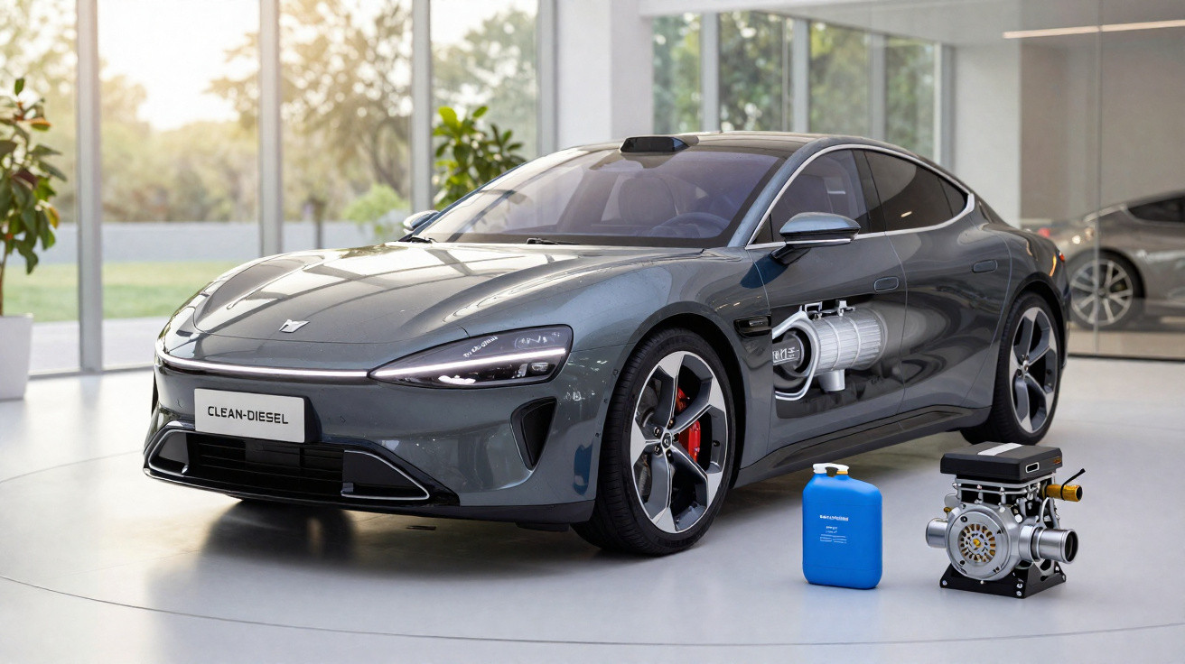 Carro cinza Clean-Diesel em exposição com motor e componente azul ao lado, em ambiente moderno e iluminado.