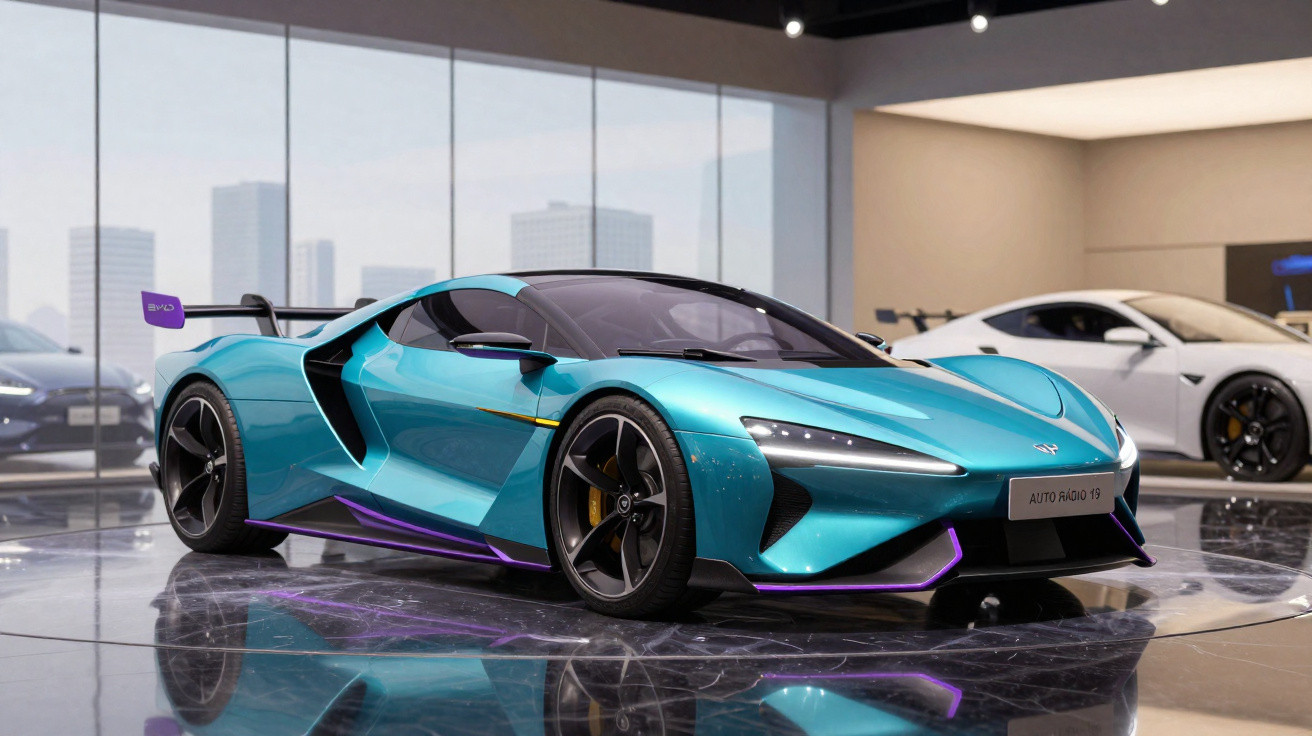 Carro desportivo azul metálico com detalhes roxos numa exposição moderna com janelas grandes.