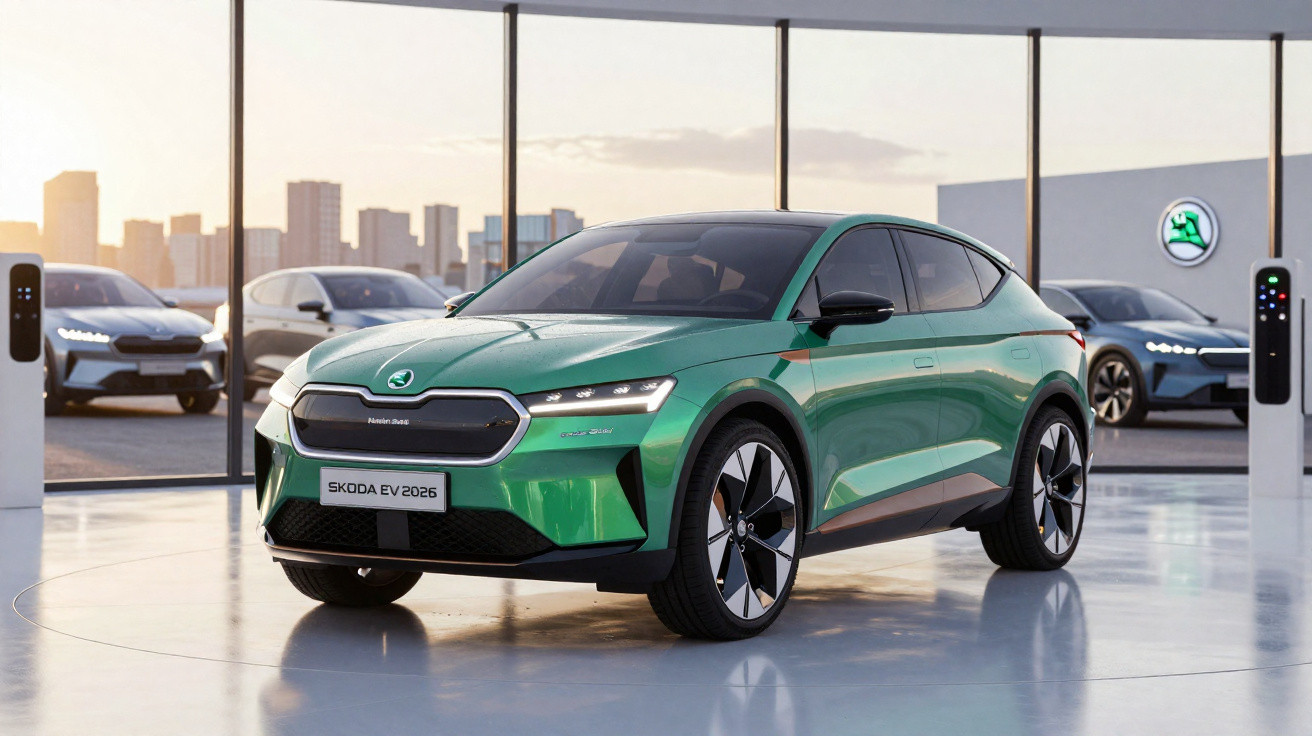 Carro elétrico Škoda EV 2026 verde num showroom moderno com grandes janelas e carros ao fundo.