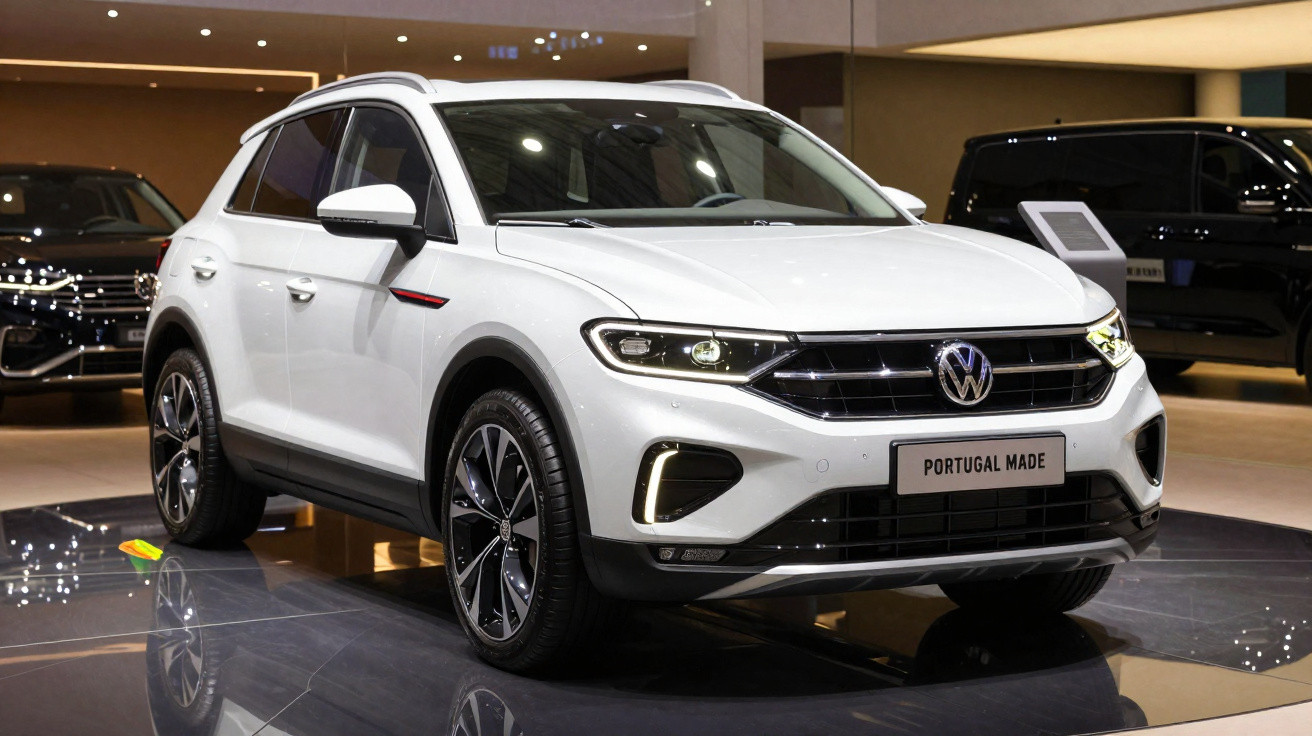 Carro SUV Volkswagen branco em exposição, com faróis ligados e placa "Portugal Made".