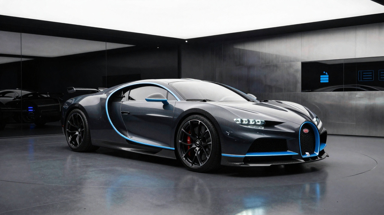 Carro desportivo Bugatti Chiron cinzento com detalhes azuis estacionado em interior moderno e minimalista.