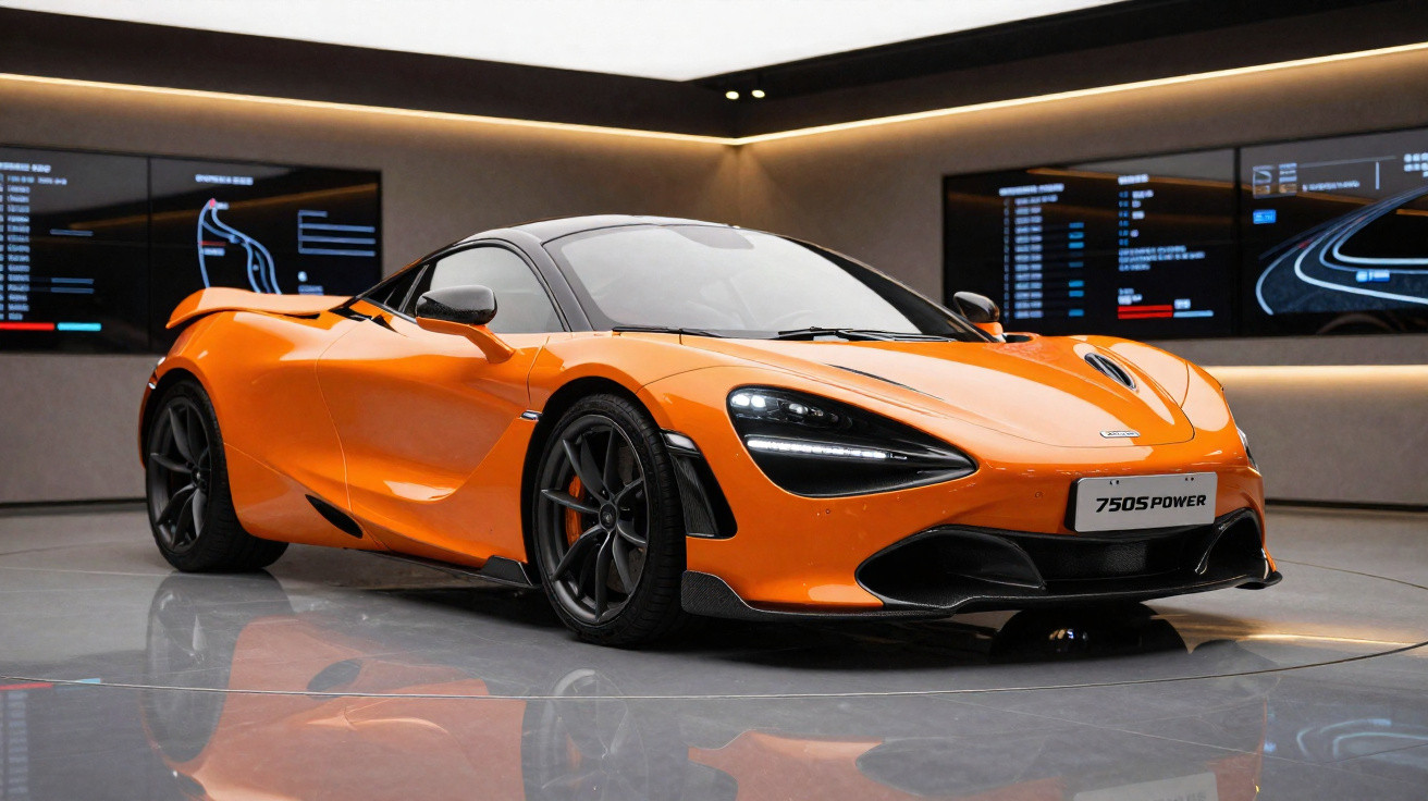 Carro desportivo laranja McLaren 750S Power em exposição num showroom moderno.