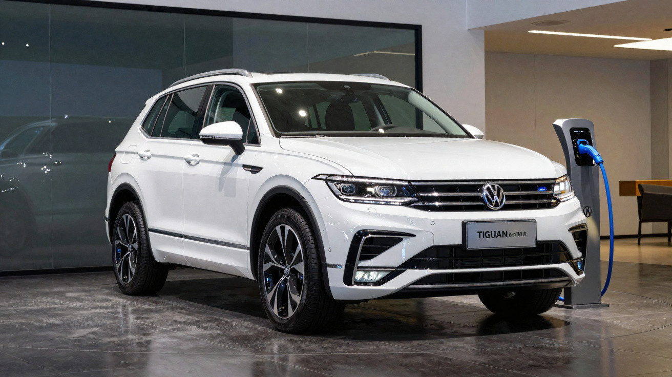 Volkswagen Tiguan híbrido branco a carregar numa estação de carregamento interior.