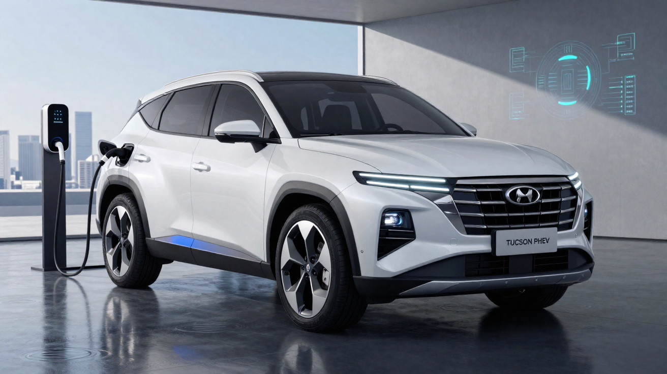 Carro elétrico branco Tucson PHEV a carregar numa estação de carregamento urbana moderna.