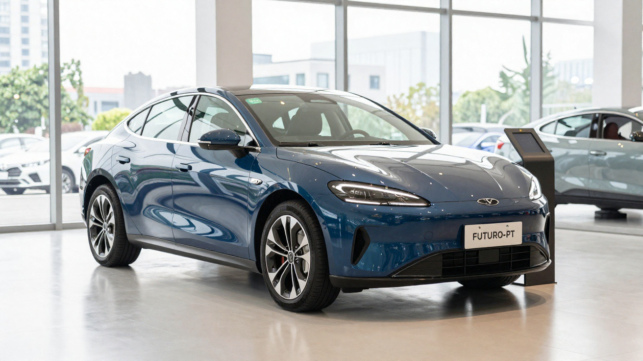 Carro elétrico azul moderno exposto num showroom com grandes janelas e iluminação natural.