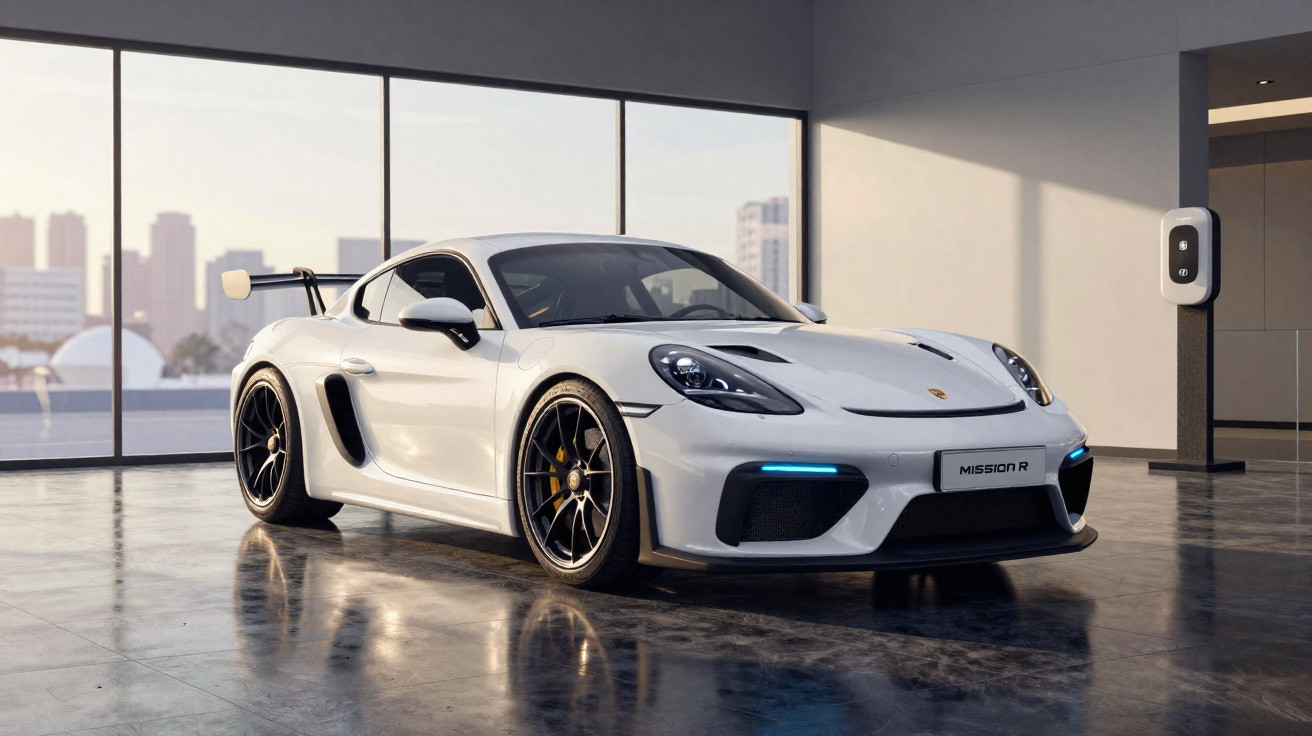 Carro desportivo elétrico branco Porsche Mission R estacionado num interior moderno com parede de vidro.