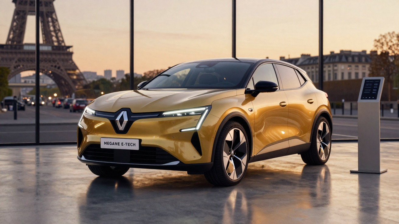 Carro elétrico Renault Megane E-Tech dourado estacionado com a Torre Eiffel ao fundo ao pôr do sol.