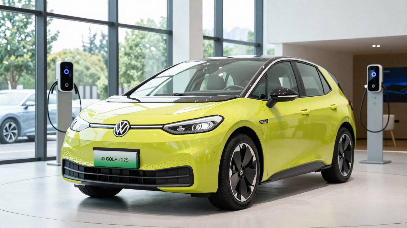 Carro elétrico Volkswagen ID Golf 2025 amarelo em exposição com estações de carregamento no interior.