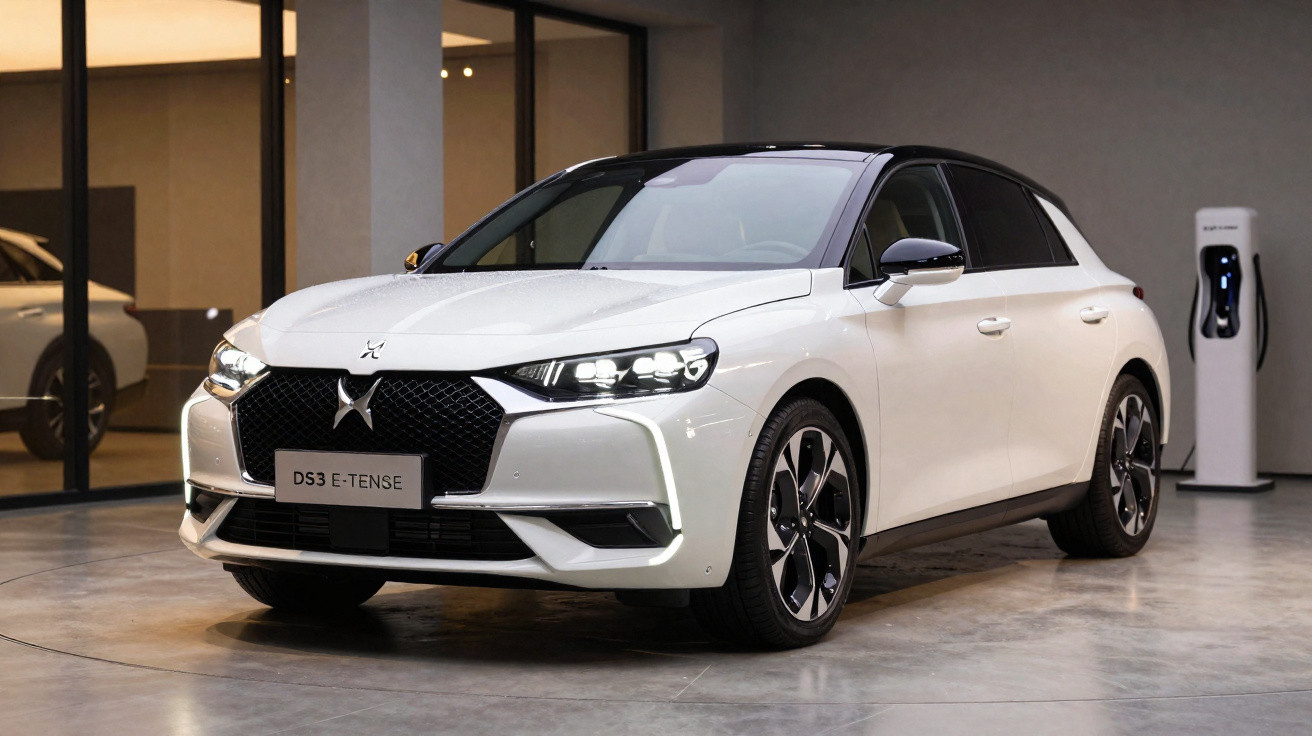 Carro elétrico branco DS 3 E-TENSE estacionado em espaço interior moderno com carregador elétrico ao fundo.