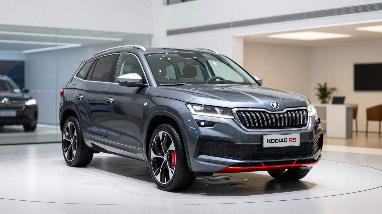 Carro SUV Skoda Kodiaq RS cinzento exposto em showroom moderno e minimalista.