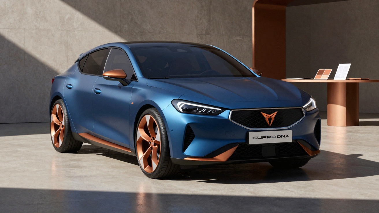 Carro eléctrico azul Cupra DNA estacionado em espaço interior com detalhes em cobre e luz natural.