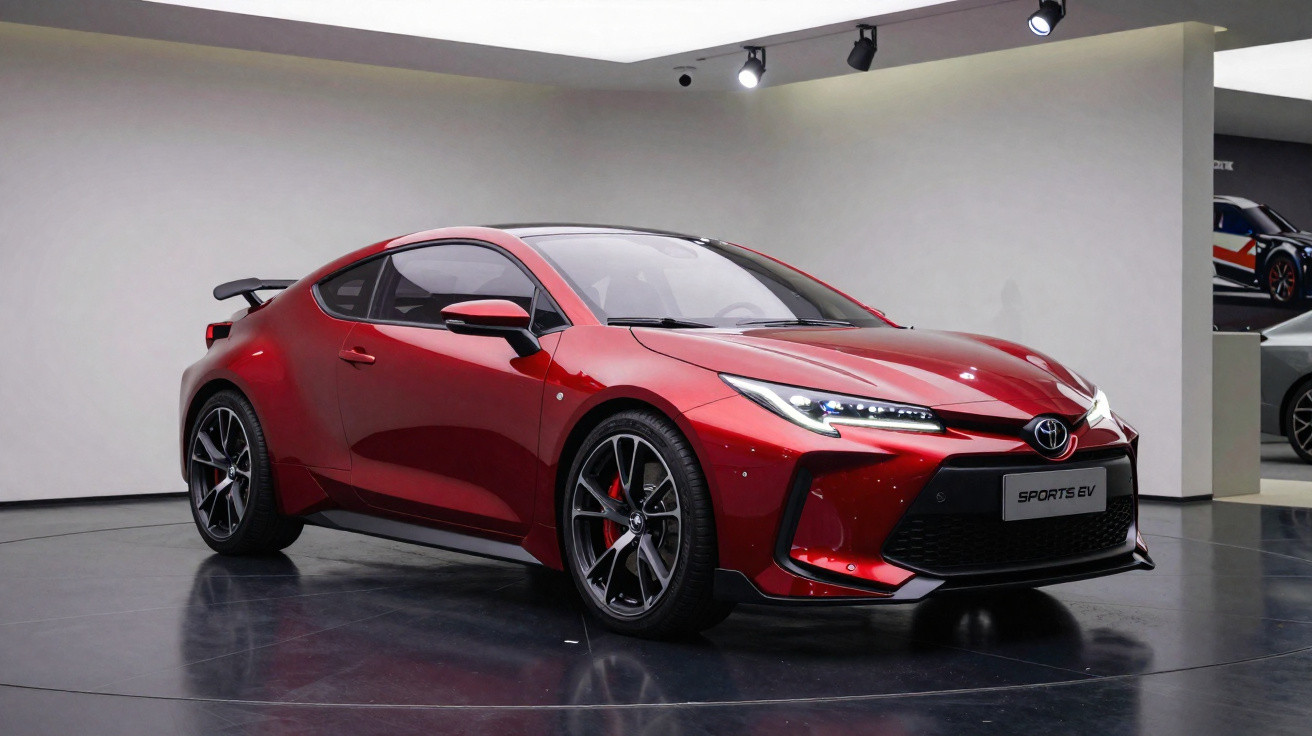 Carro desportivo elétrico vermelho Toyota Sports EV exposto em sala com luzes no teto.