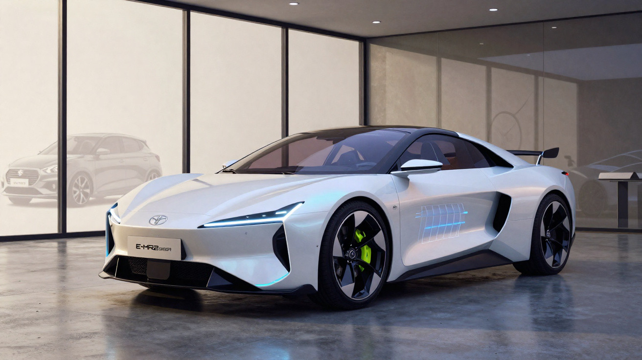 Carro desportivo elétrico branco Toyota E-RZ 2023 num espaço interior moderno e minimalista.