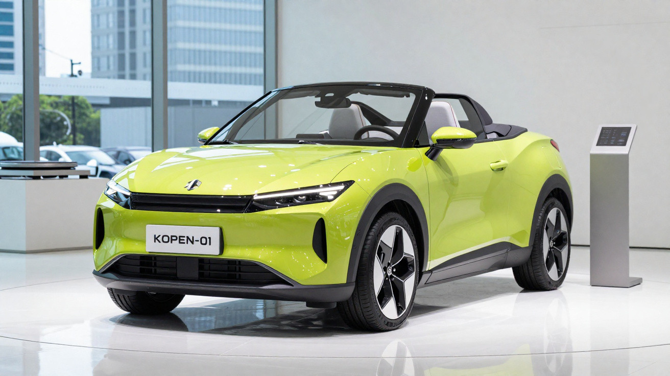 Carro elétrico conversível KOPEN-01 verde exibido numa sala de exposições moderna.