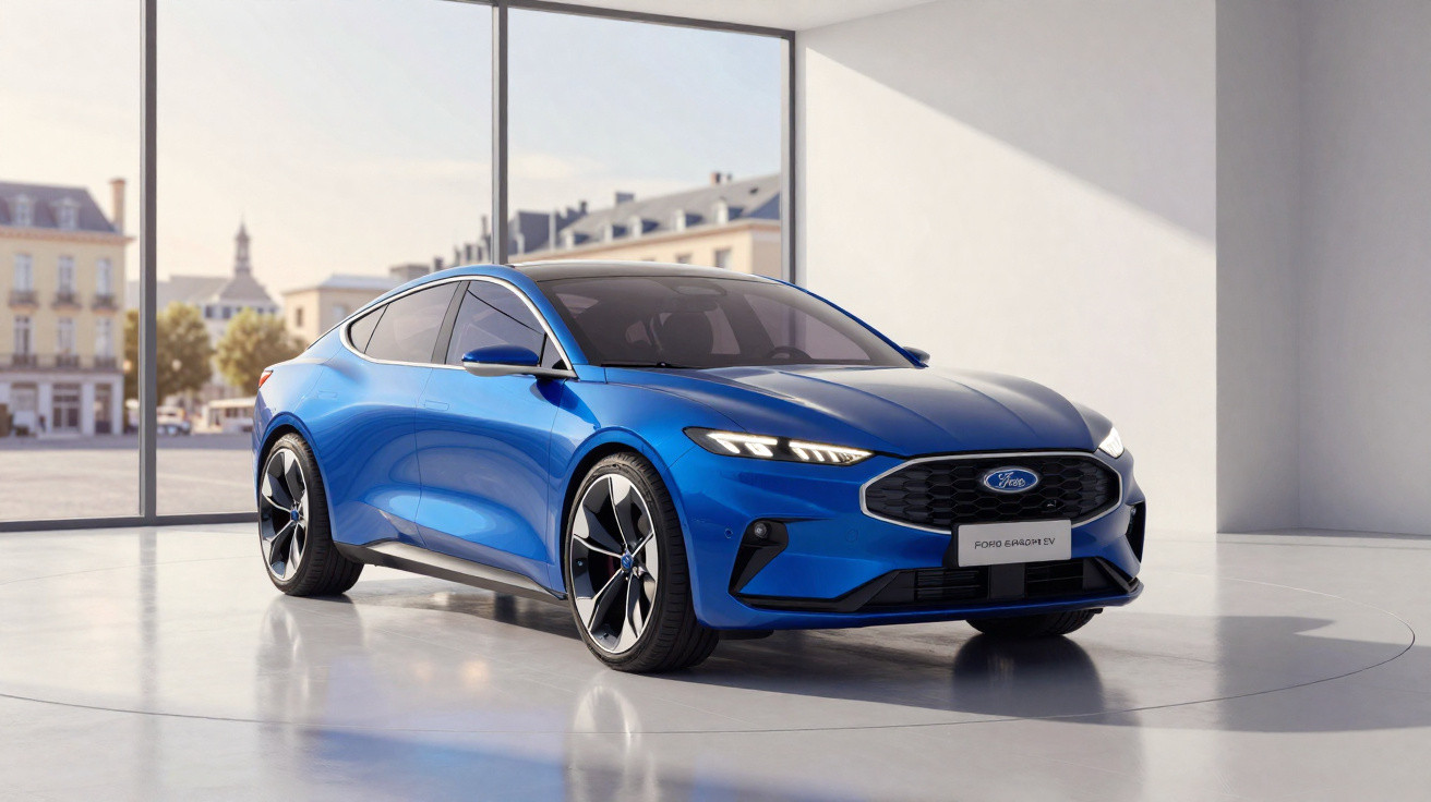 Carro elétrico Ford Mustang Mach-E azul em exposição num salão moderno com janelas grandes.