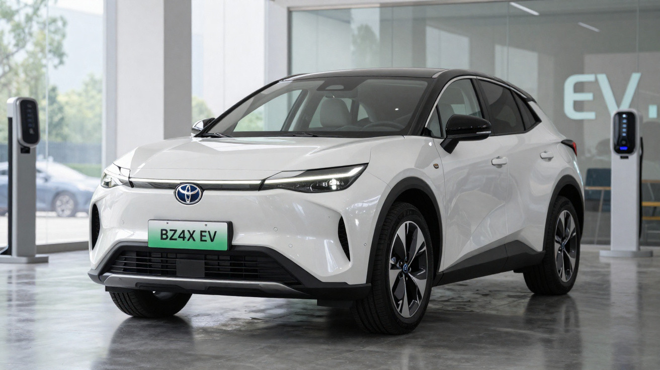 Carro elétrico Toyota BZ4X branco estacionado numa estação de carregamento interior.