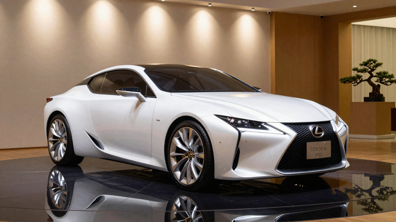 Automóvel desportivo branco Lexus estacionado em interior moderno com chão espelhado.