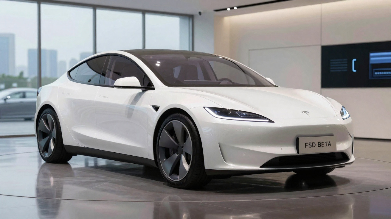 Carro elétrico Tesla branco estacionado num showroom moderno com paredes claras e chão polido.