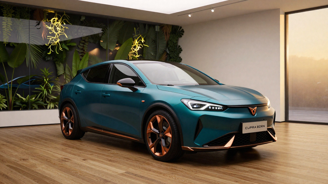 Automóvel elétrico Cupra Born azul esverdeado estacionado em sala moderna com parede de plantas.