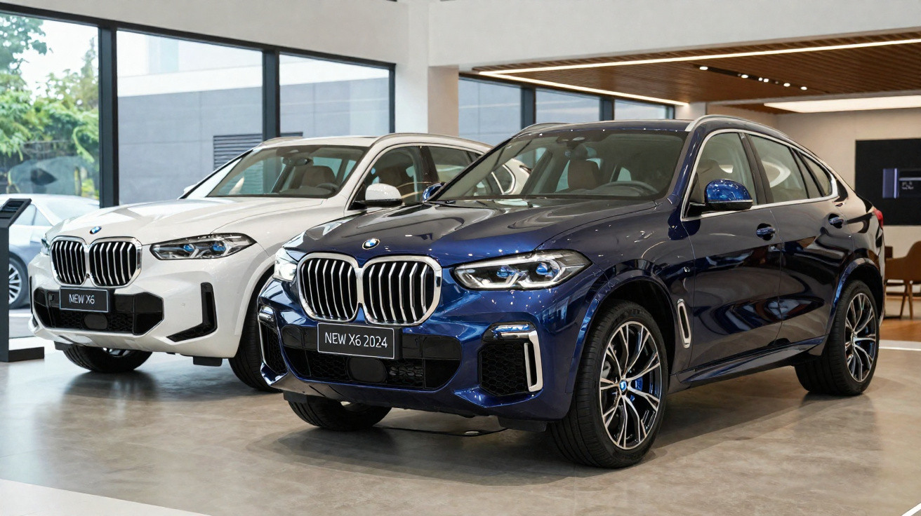 Dois BMW X6 2024, um azul escuro e outro branco, expostos num showroom moderno com janelas amplas.