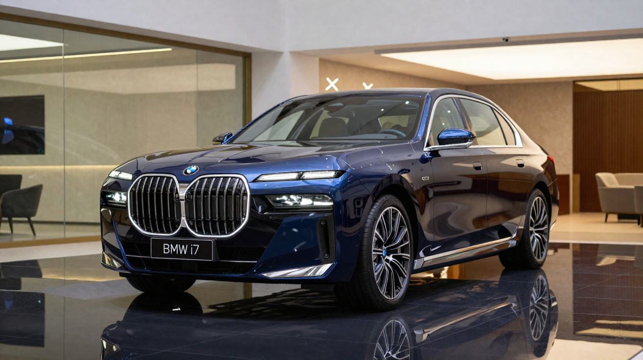 Automóvel BMW i7 azul escuro estacionado em interior moderno com chão brilhante.