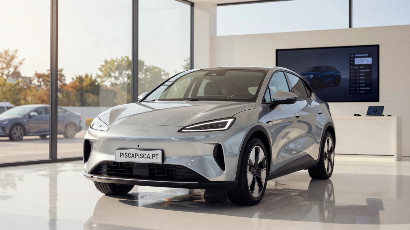 Carro elétrico cinzento futurista numa sala de exposição moderna com janelas panorâmicas.